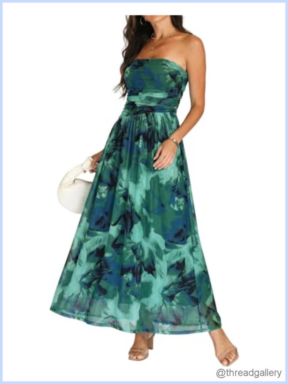 Floral Prom Dress Mesh Strapless Wedding Guest Maxi Dress